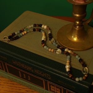 VINTAGE GEMSTONE NECKLACE TIGERS EYE CLEAR QUARTZ AMAZONITE AND PEARLS
